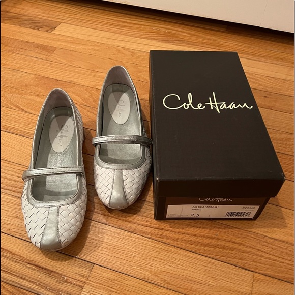Cole Haan Shoes - COLE HAAN AIR BRIA WVN. MJ WHITE/SILVER SLIP ON SHOE WITH STRAP & VELCRO CLOSURE